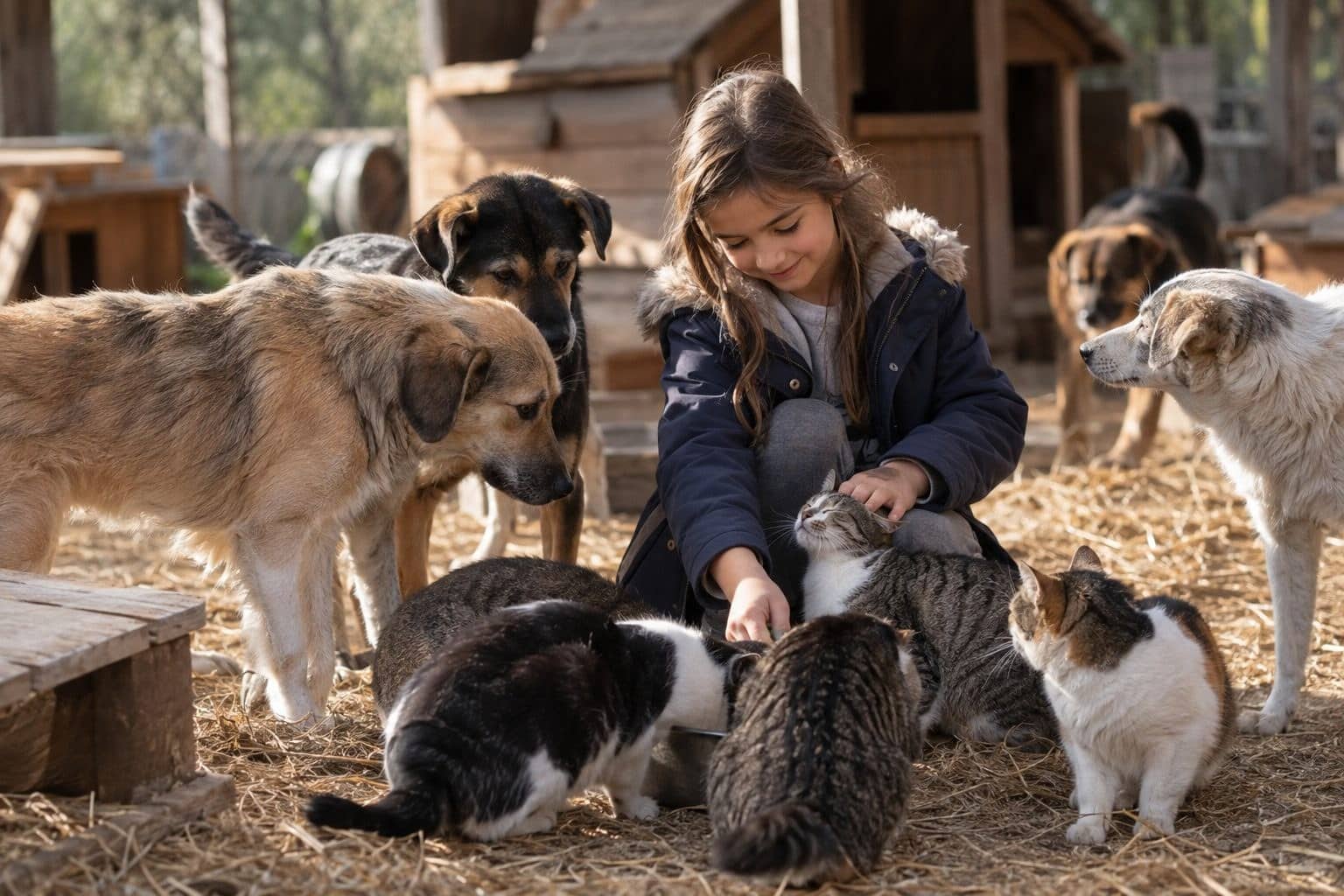 Un jeune enfant nourrit et soigne des chiens et chats dans un refuge improvisé, montrant l'amour et l'engagement envers les animaux abandonnés