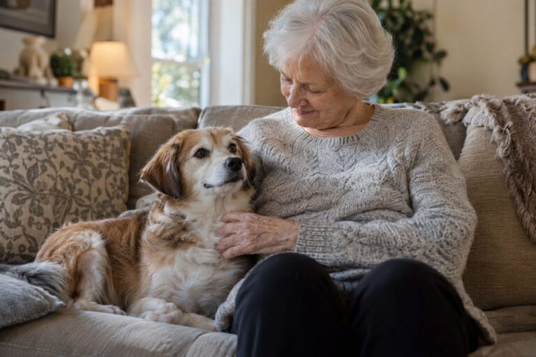 Un chien âgé de race calme et douce en compagnie d'une personne âgée dans un intérieur chaleureux