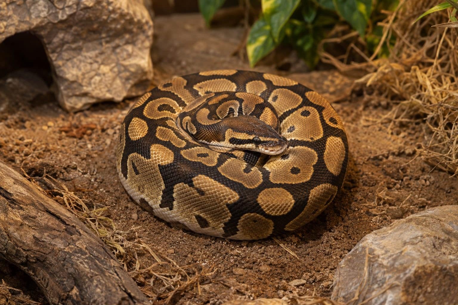 Python royal - enroulé au repos, posture défensive caractéristique