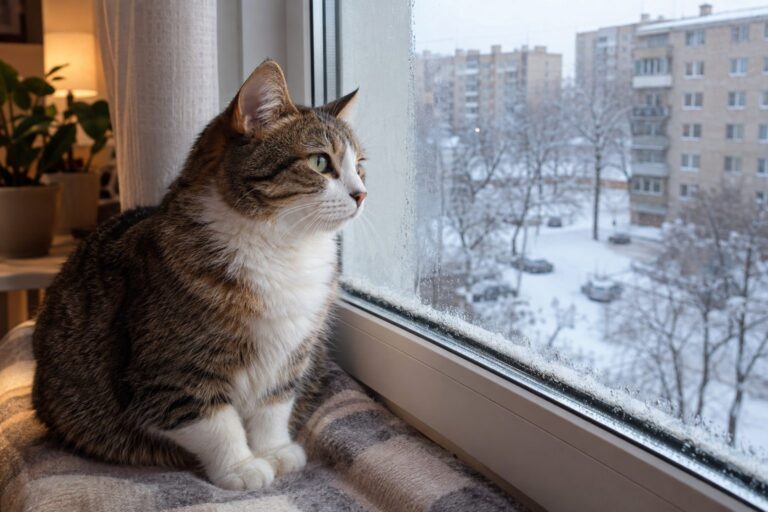 Chat adapté à la vie en appartement relaxant près d'une fenêtre par temps hivernal