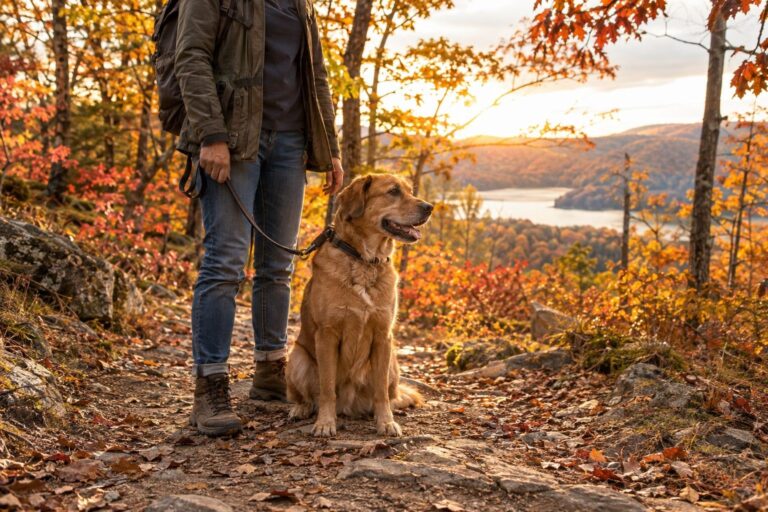 Un chien heureux avec son maître devant un paysage automnal français coloré, prêt pour un voyage