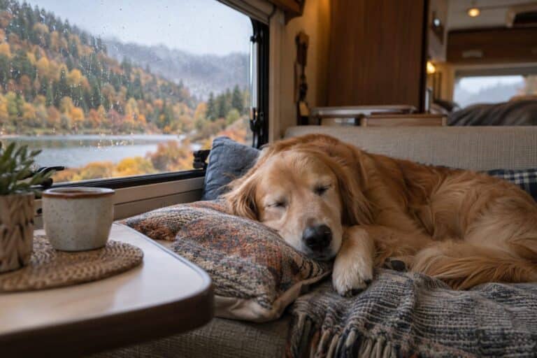 Un chien Golden Retriever somnolent allongé sur la banquette arrière d'un camping-car en mouvement, vu de l'intérieur avec la route qui s'écoule par la fenêtre latérale