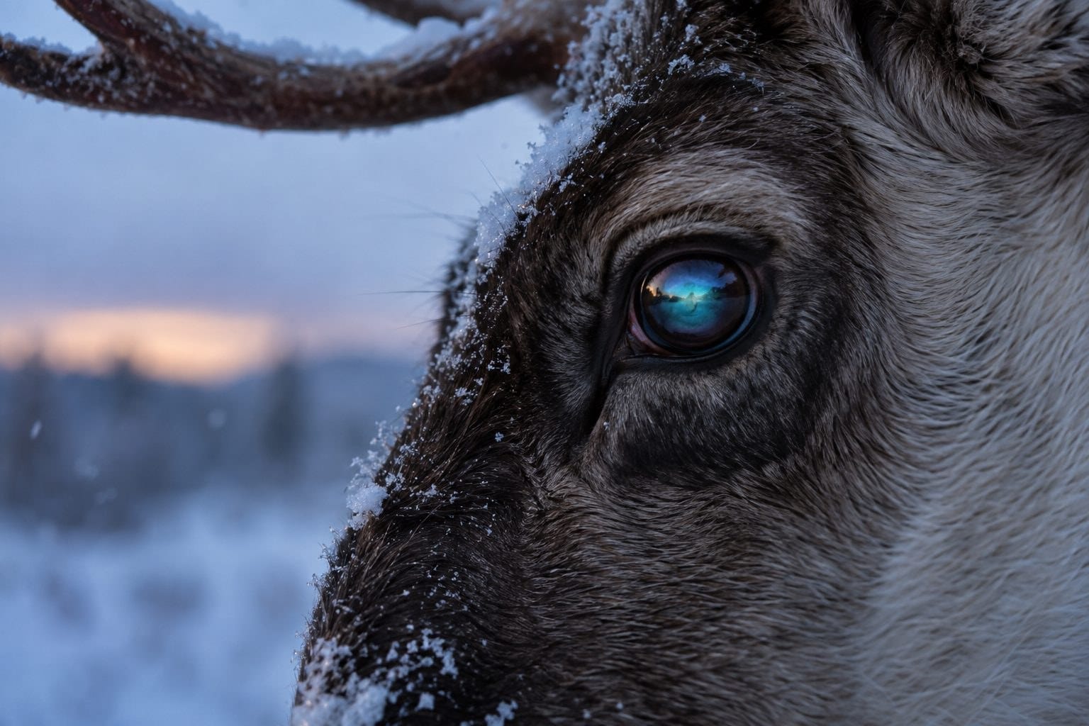 Gros plan des yeux d'un renne en hiver montrant la couleur changeante