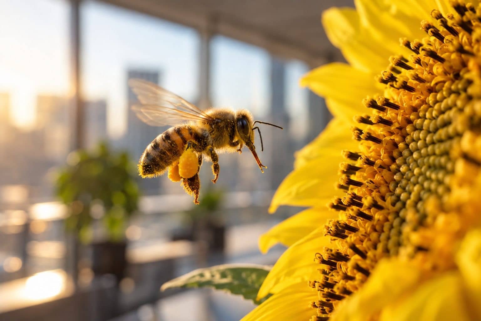 Abeille butinant une fleur en open-space végétalisé