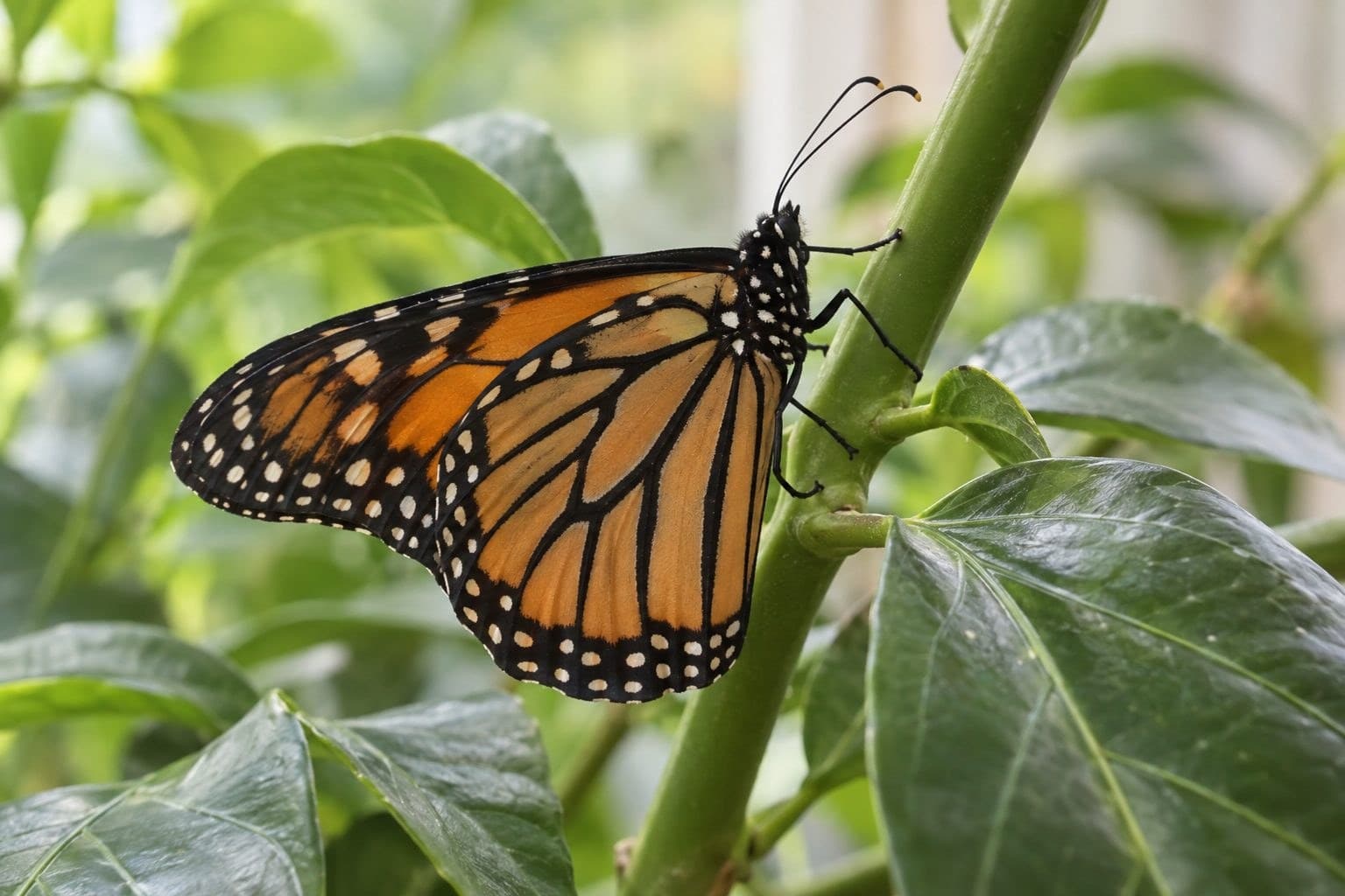 Papillon monarque reposant sur une plante verte