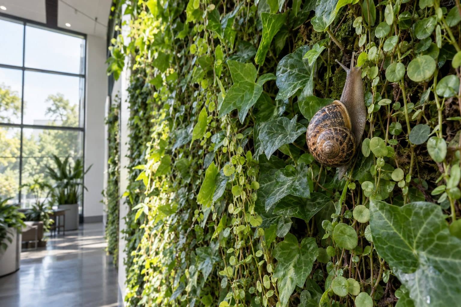 Mur vivant de plantes vertes avec escargot