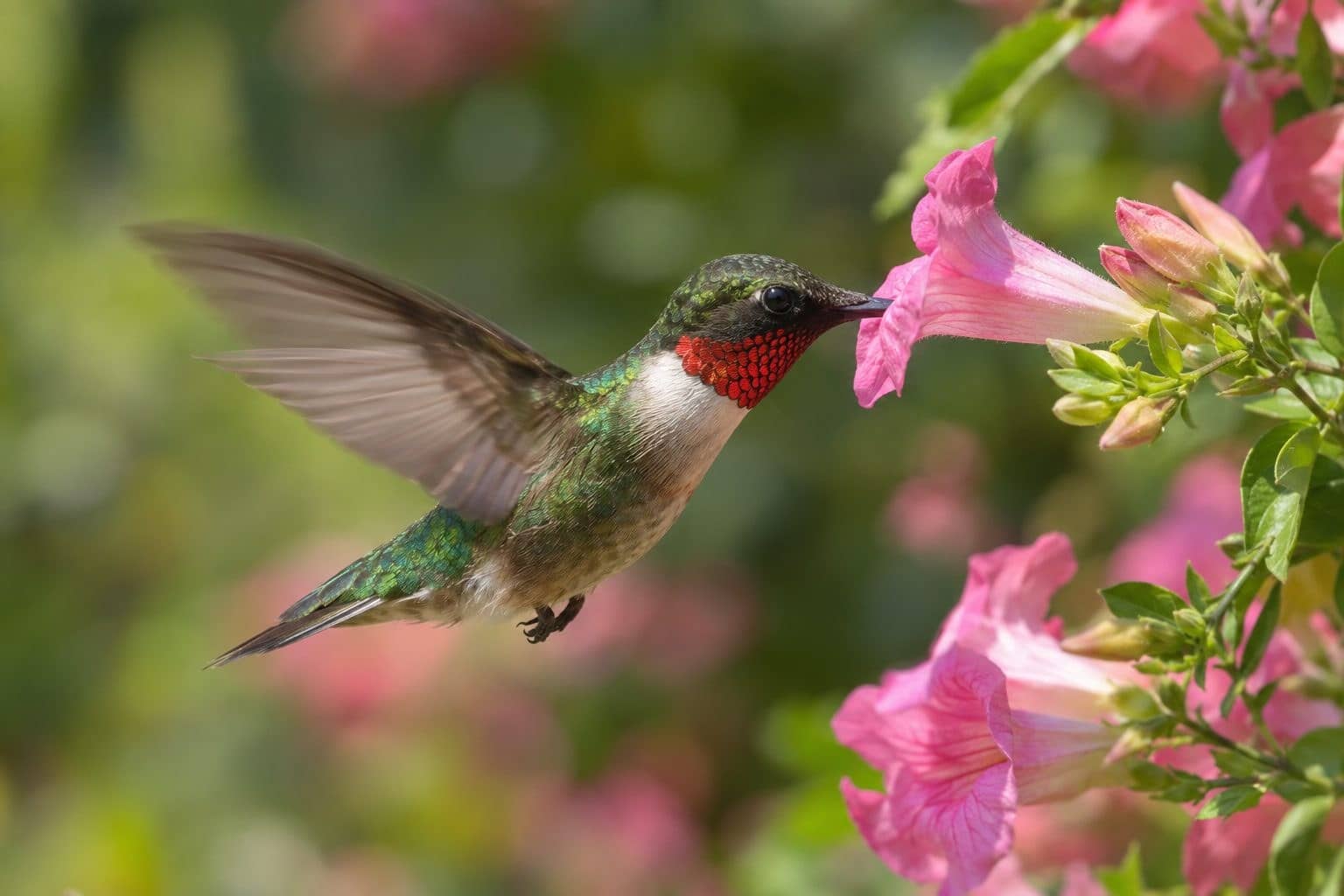 Colibri s'abreuvant à une fleur rose