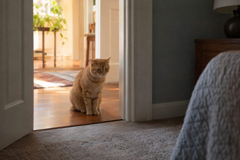 Un chat roux assis sur le seuil d'une porte de chambre, hésitant à entrer, regardant vers l'intérieur avec une expression circonspecte