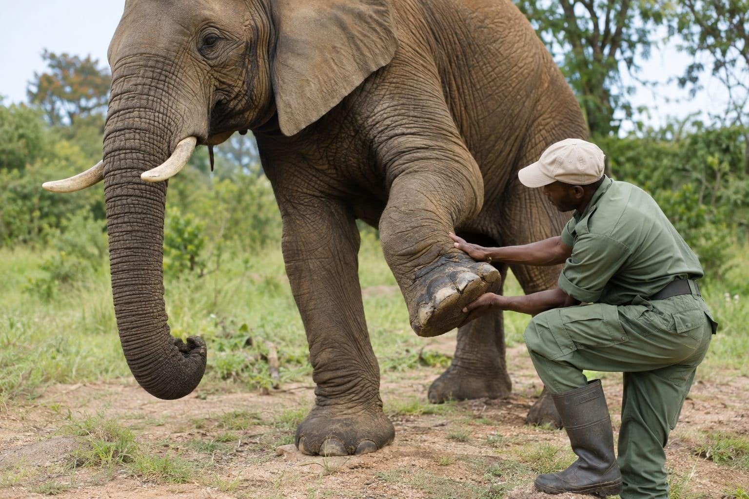 Un éléphant soulevant sa patte lors d'une séance de médical training au refuge