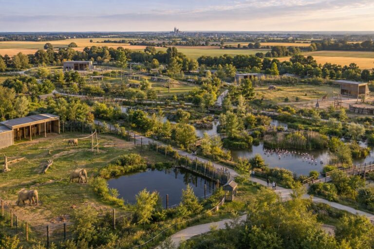 Vue générale et aérienne du zoo refuge La Tanière près de Chartres en Eure-et-Loir