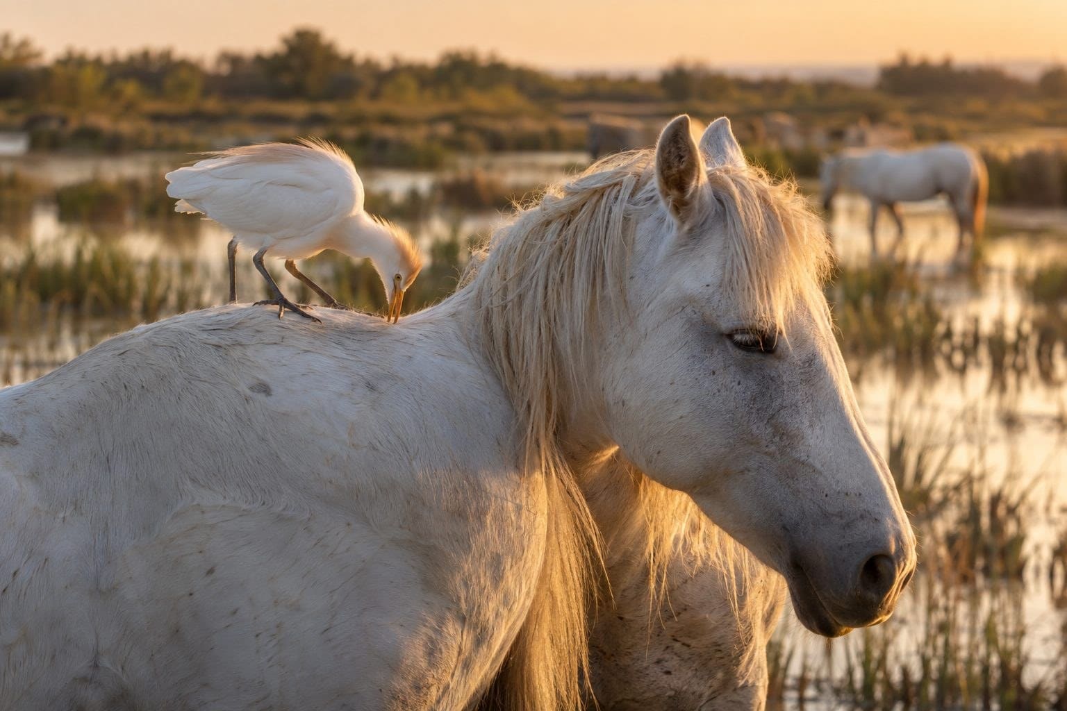 Un garde-bœuf perché sur le dos d'un cheval camarguais blanc en Camargue