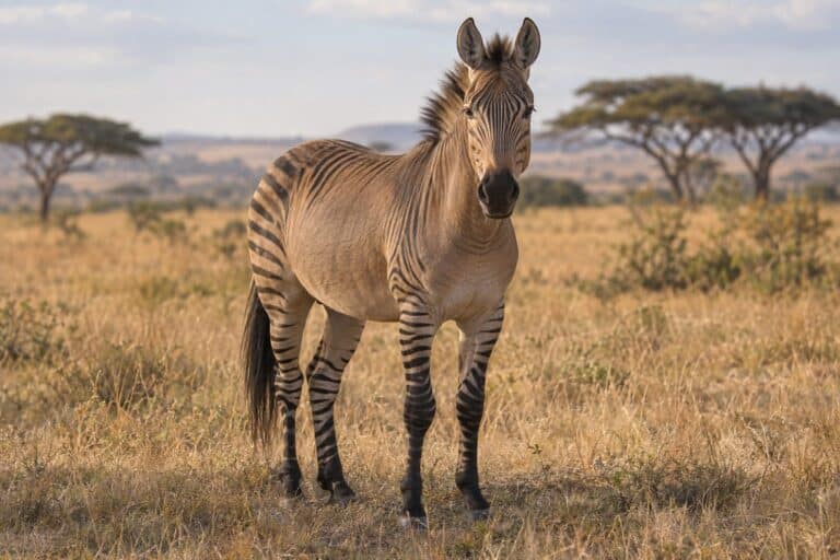Un zorse (hybride zèbre-cheval) de face, montrant clairement ses rayures zébrées sur le corps d'un cheval